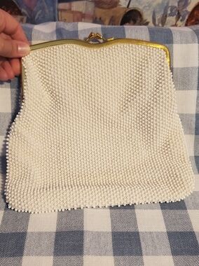 Vintage Corde Bead Ivory Kiss Closure Handbag with Gold-Tone Trim, Mirror Pocket